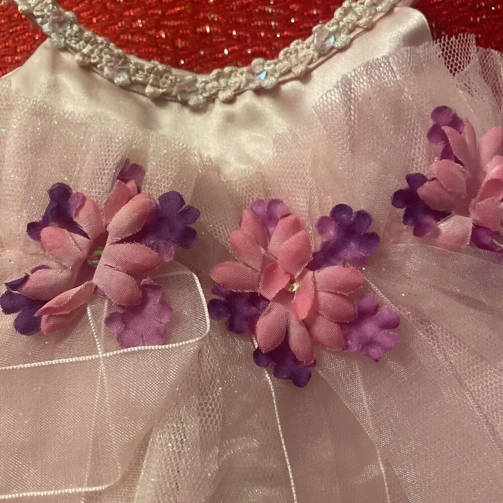 Build a Bear Pink White Flower Girl Dress Wand Shoes